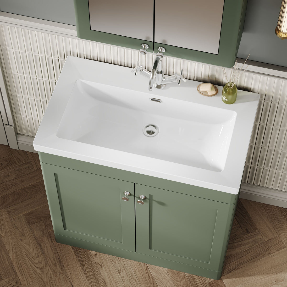 Modern Splash 800mm Satin Green 2 Door Floor Standing Vanity Unit With 1 Tap Hole Fireclay Basin