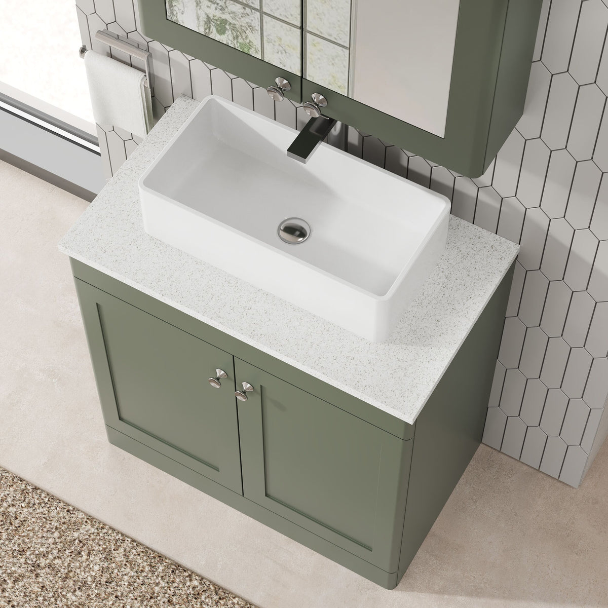 Modern Splash 800mm Satin Green 2 Door Floor Standing Vanity Unit With White Marble Worktop