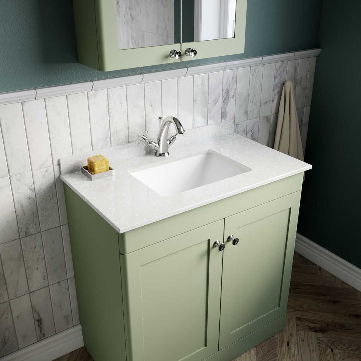 Modern Splash 800mm Satin Green 2 Door Floor Standing Vanity Unit With 1 Tap Hole Marble Basin