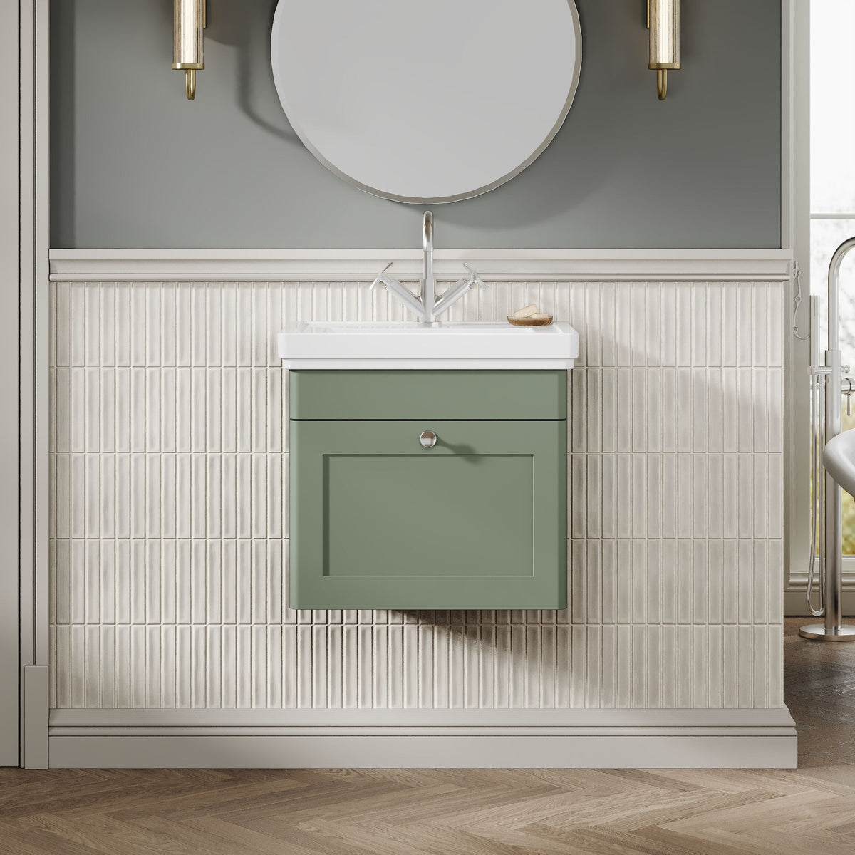 Modern Splash 500mm Satin Green 1 Drawer Wall Hung Vanity Unit With 1 Tap Hole Basin