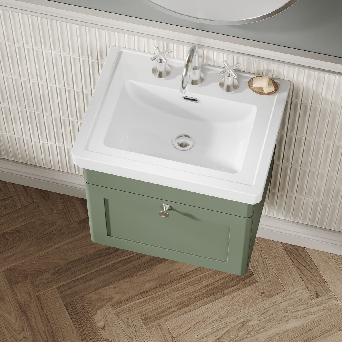Modern Splash 500mm Satin Green 1 Drawer Wall Hung Vanity Unit With 3 Tap Hole Basin