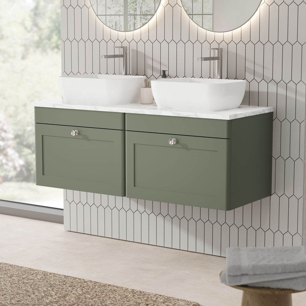 Modern Splash 1200mm Satin Green 2 Drawer Wall Hung Vanity Unit With Carrara Marble Worktop