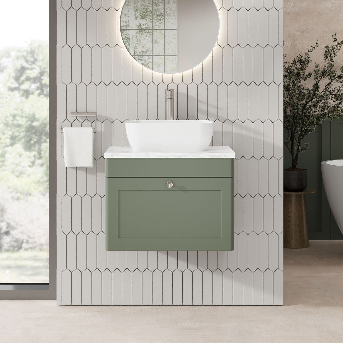 Modern Splash 600mm Satin Green 1 Drawer Wall Hung Vanity Unit With Carrara Marble Worktop