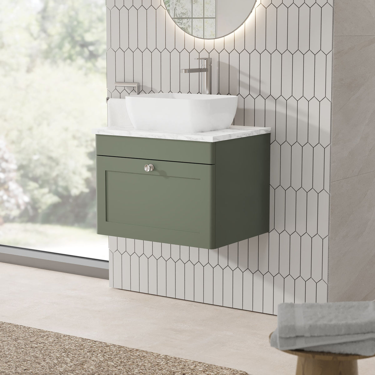 Modern Splash 600mm Satin Green 1 Drawer Wall Hung Vanity Unit With Carrara Marble Worktop