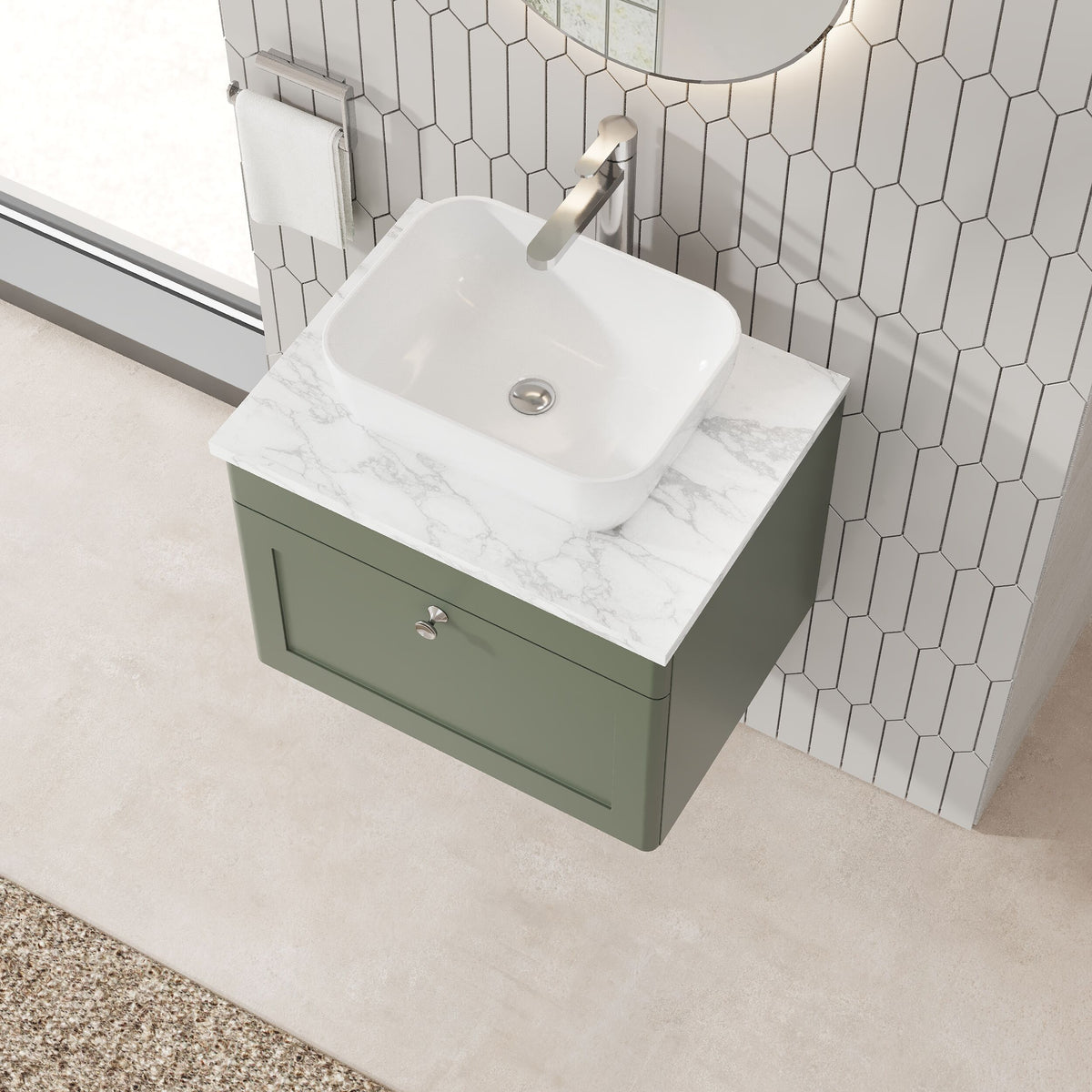 Modern Splash 600mm Satin Green 1 Drawer Wall Hung Vanity Unit With Carrara Marble Worktop