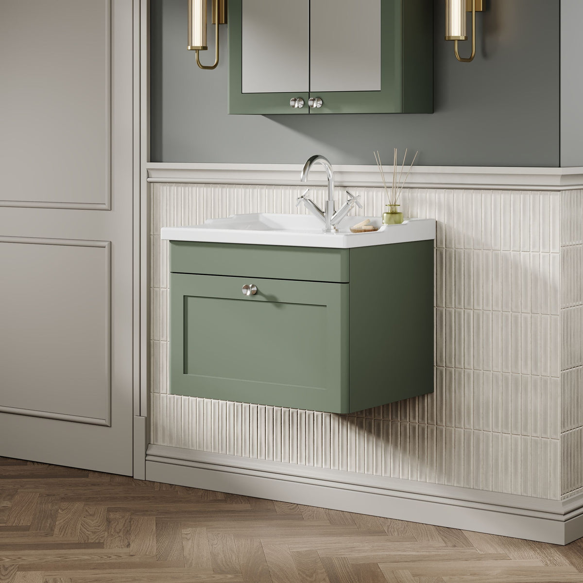 Modern Splash 600mm Satin Green 1 Drawer Wall Hung Vanity Unit With 1 Tap Hole Basin