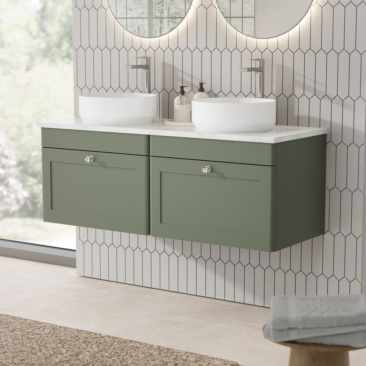 Modern Splash 1200mm Satin Green 2 Drawer Wall Hung Vanity Unit With Grey Marble Worktop