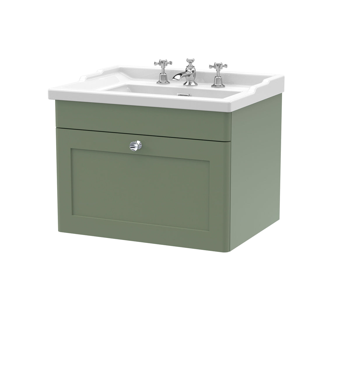 Modern Splash 600mm Satin Green 1 Drawer Wall Hung Vanity Unit With 3 Tap Hole Basin