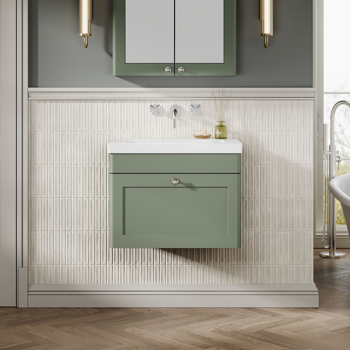 Modern Splash 600mm Satin Green 1 Drawer Wall Hung Vanity Unit With Fireclay Basin