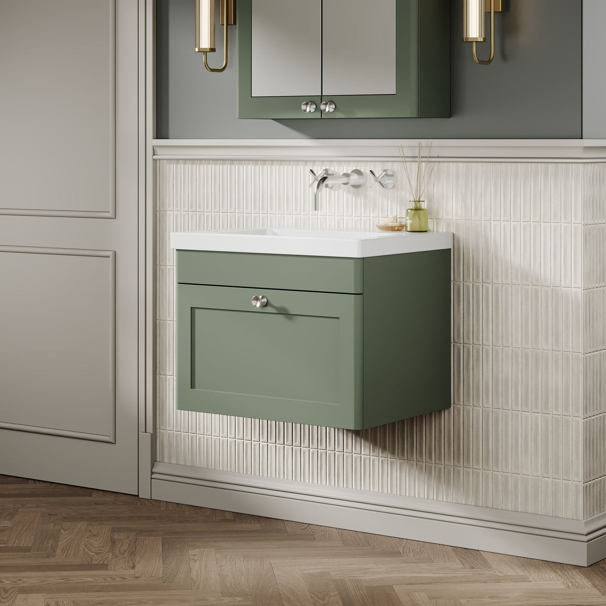Modern Splash 600mm Satin Green 1 Drawer Wall Hung Vanity Unit With Fireclay Basin