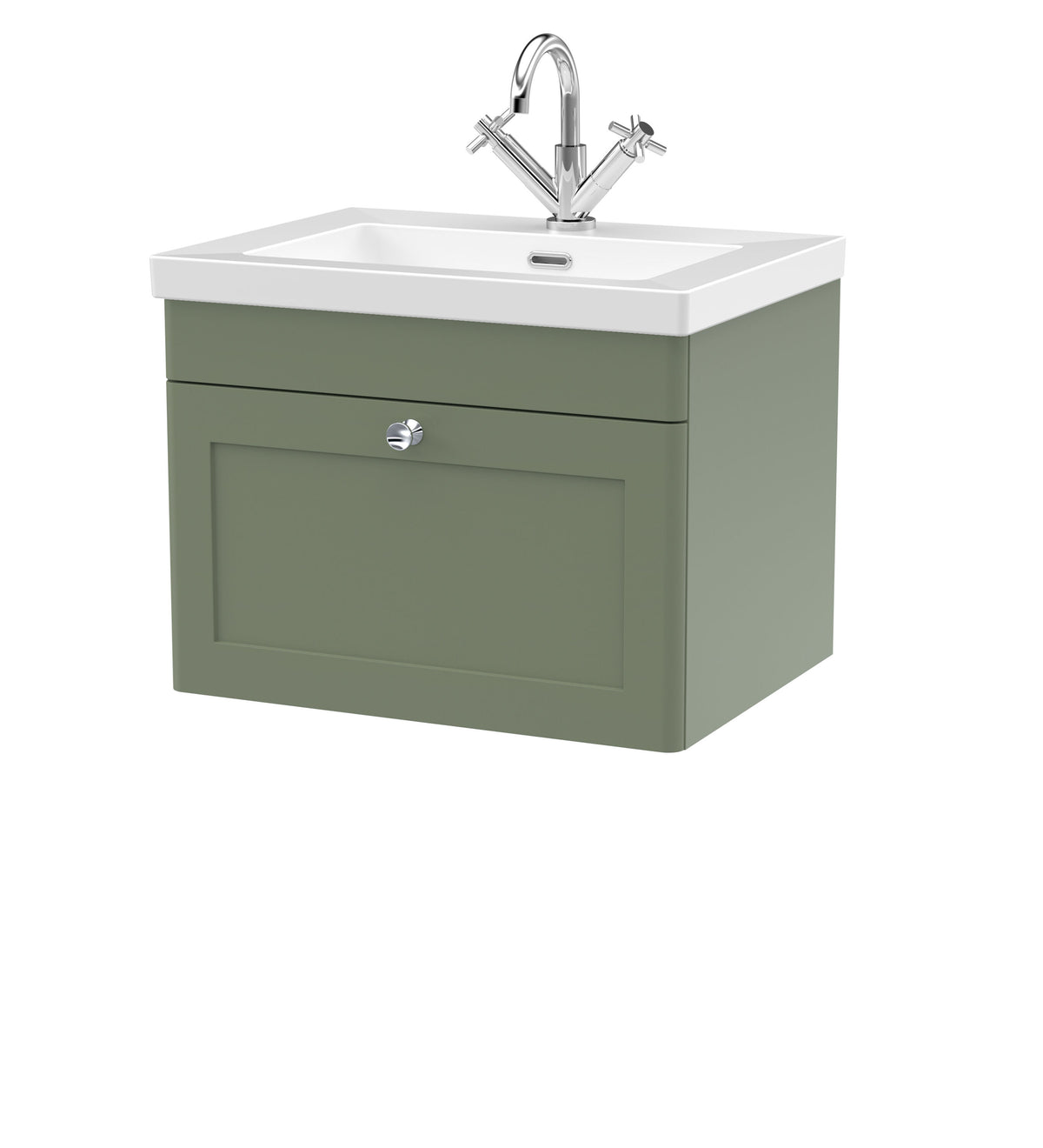 Modern Splash 600mm Satin Green 1 Drawer Wall Hung Vanity Unit With 1 Tap Hole Fireclay Basin