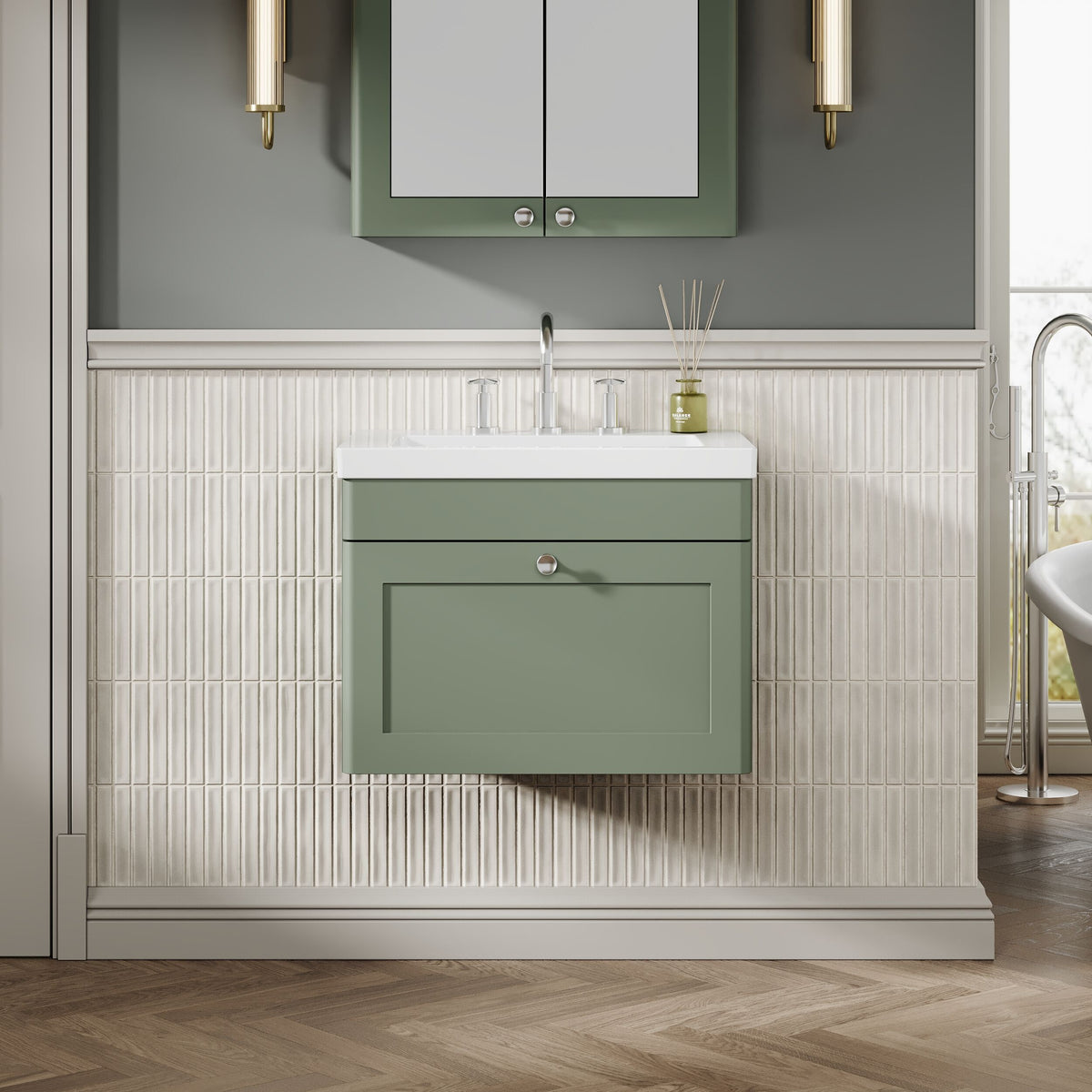 Modern Splash 600mm Satin Green 1 Drawer Wall Hung Vanity Unit With 3 Tap Hole Fireclay Basin