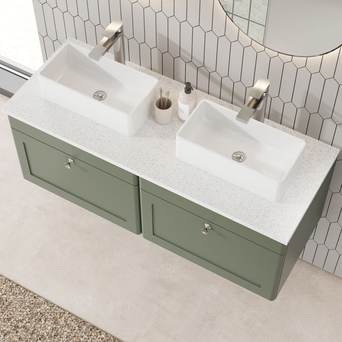 Modern Splash 1200mm Satin Green 2 Drawer Wall Hung Vanity With White Marble Worktop