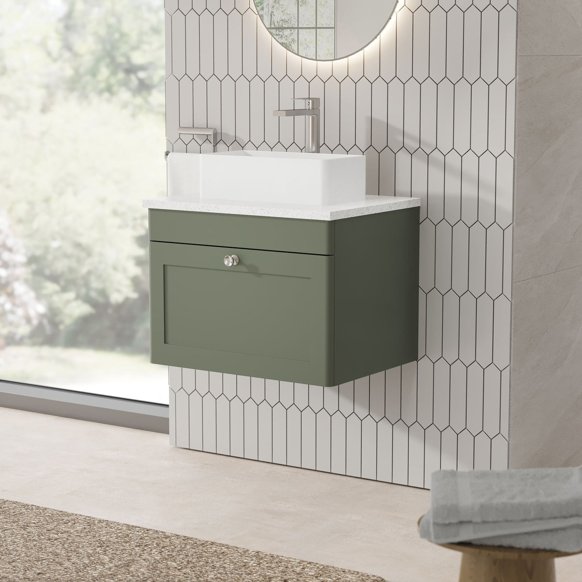 Modern Splash 600mm Satin Green 1 Drawer Wall Hung Vanity With White Marble Worktop