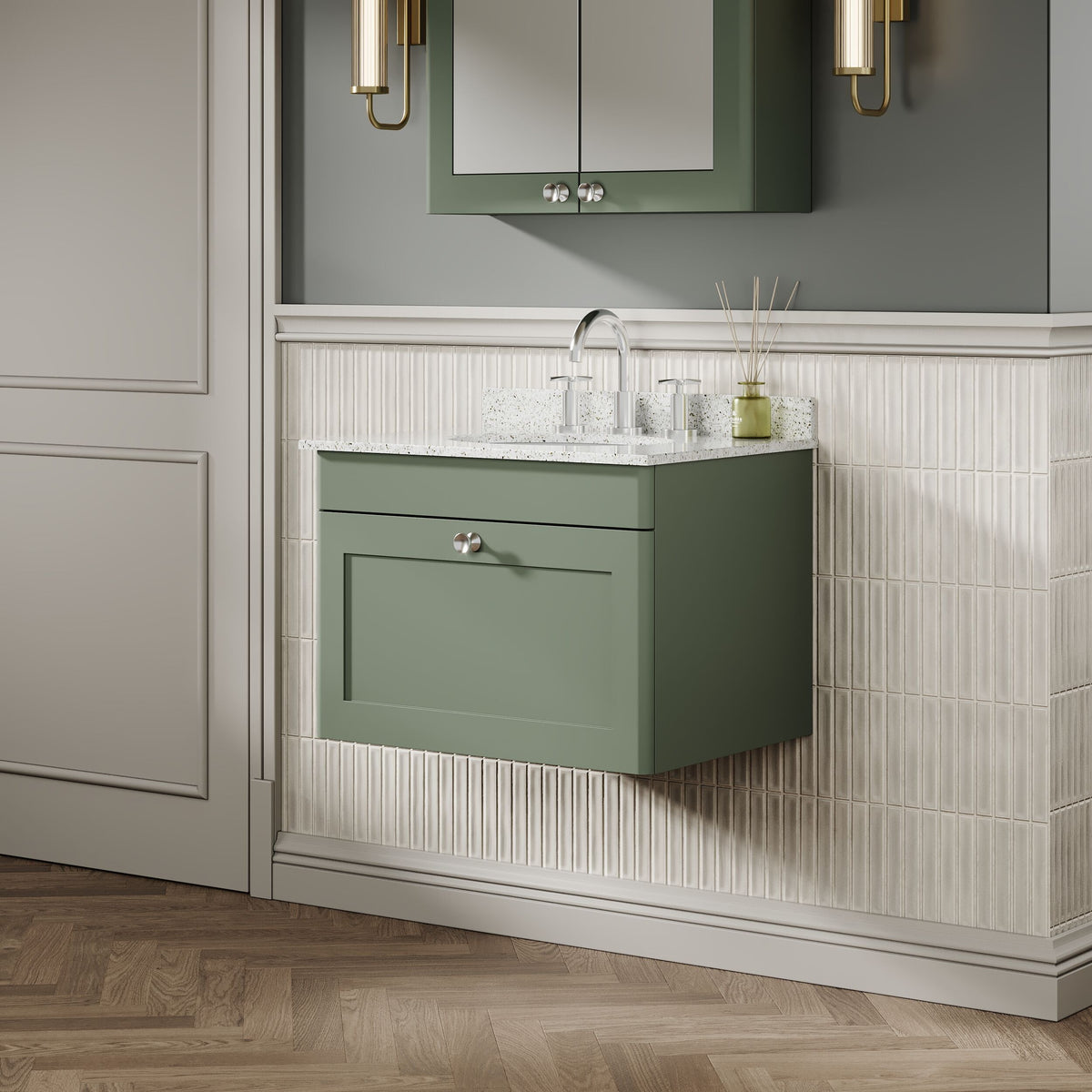 Modern Splash 600mm Satin Green 1 Drawer Wall Hung Vanity Unit With 3 Tap Hole Marble Basin