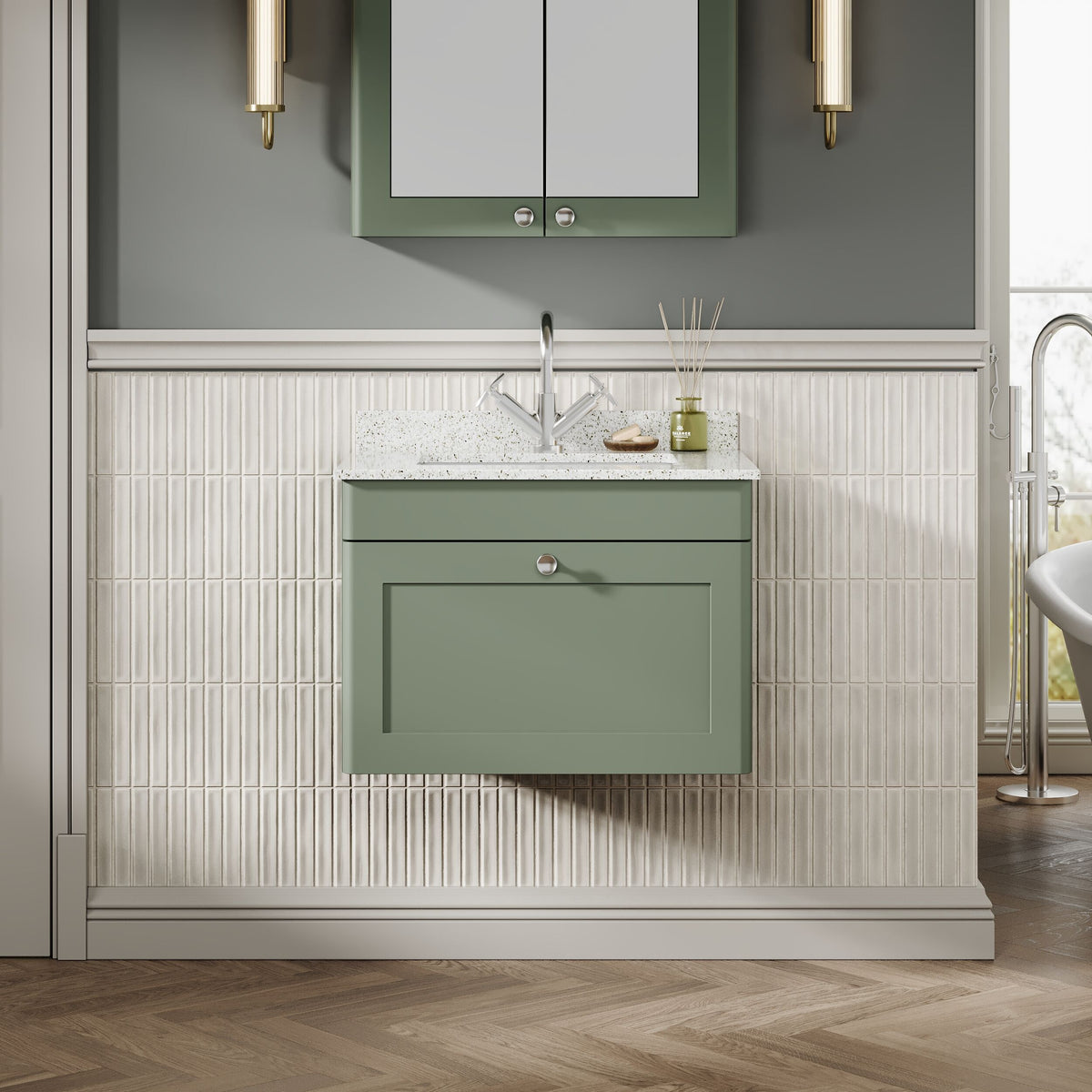 Modern Splash 600mm Satin Green 1 Drawer Wall Hung Vanity Unit With 1 Tap Hole Marble Basin