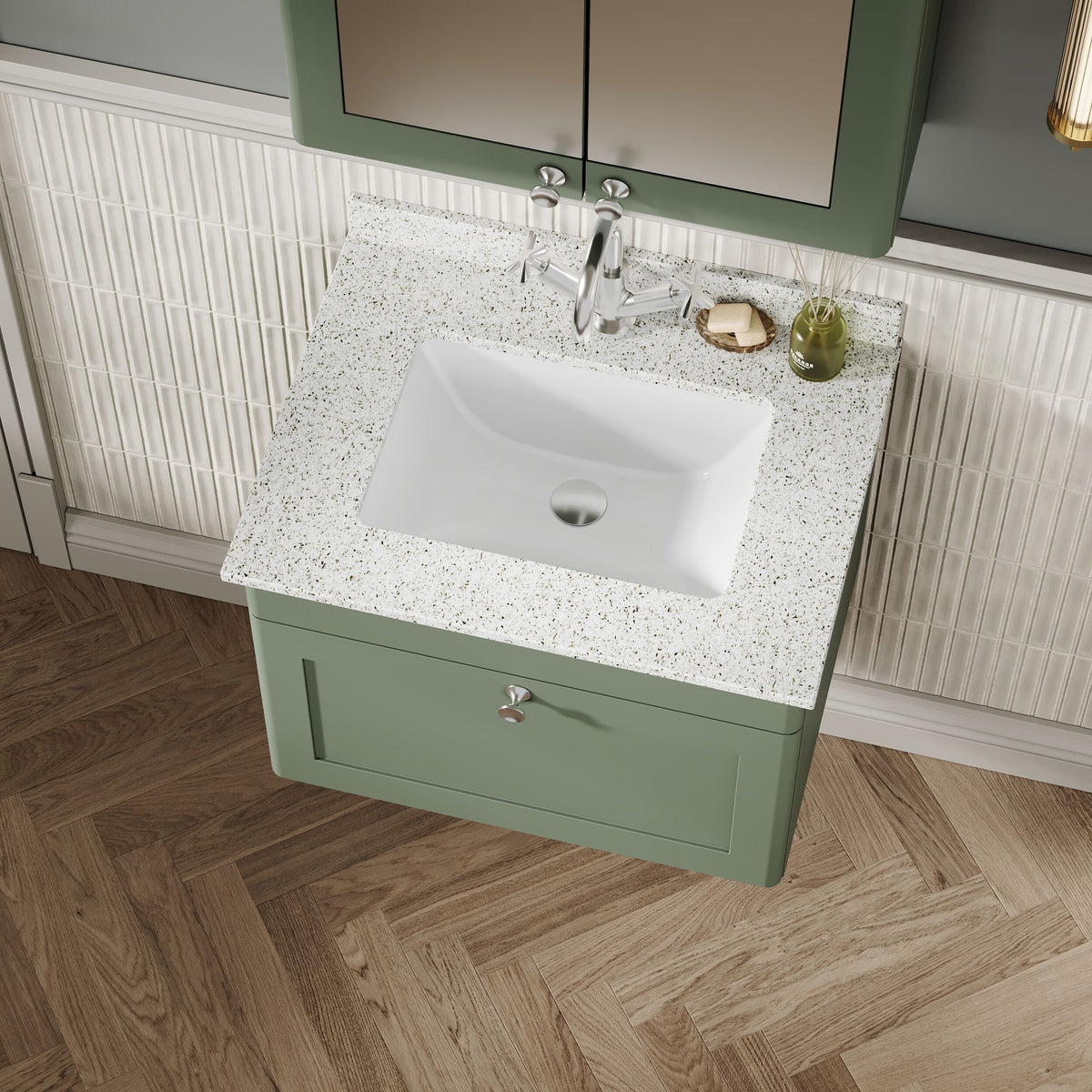 Modern Splash 600mm Satin Green 1 Drawer Wall Hung Vanity Unit With 1 Tap Hole Marble Basin