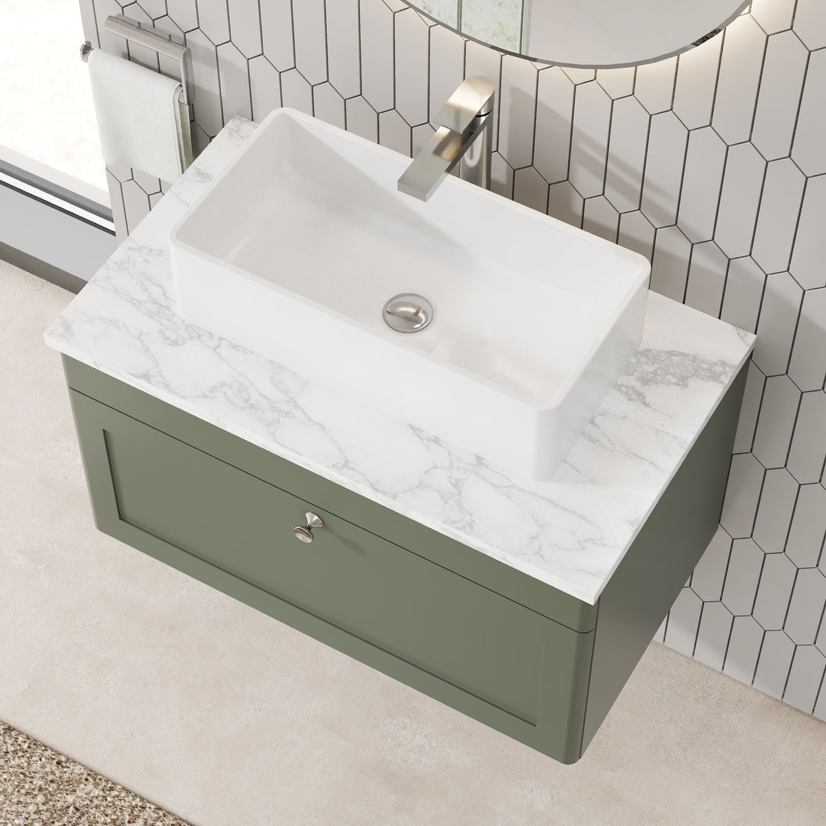 Modern Splash 800mm Satin Green 1 Drawer Wall Hung Vanity With Carrara Marble Worktop