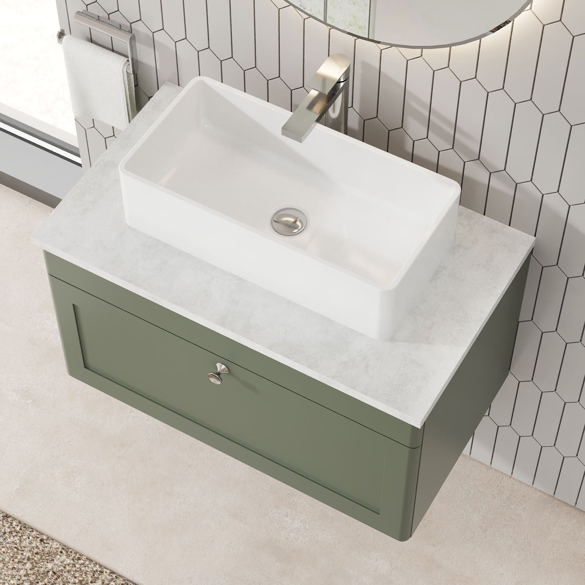 Modern Splash 810mm Satin Green 1 Drawer Wall Hung Vanity Unit With Grey Marble Worktop