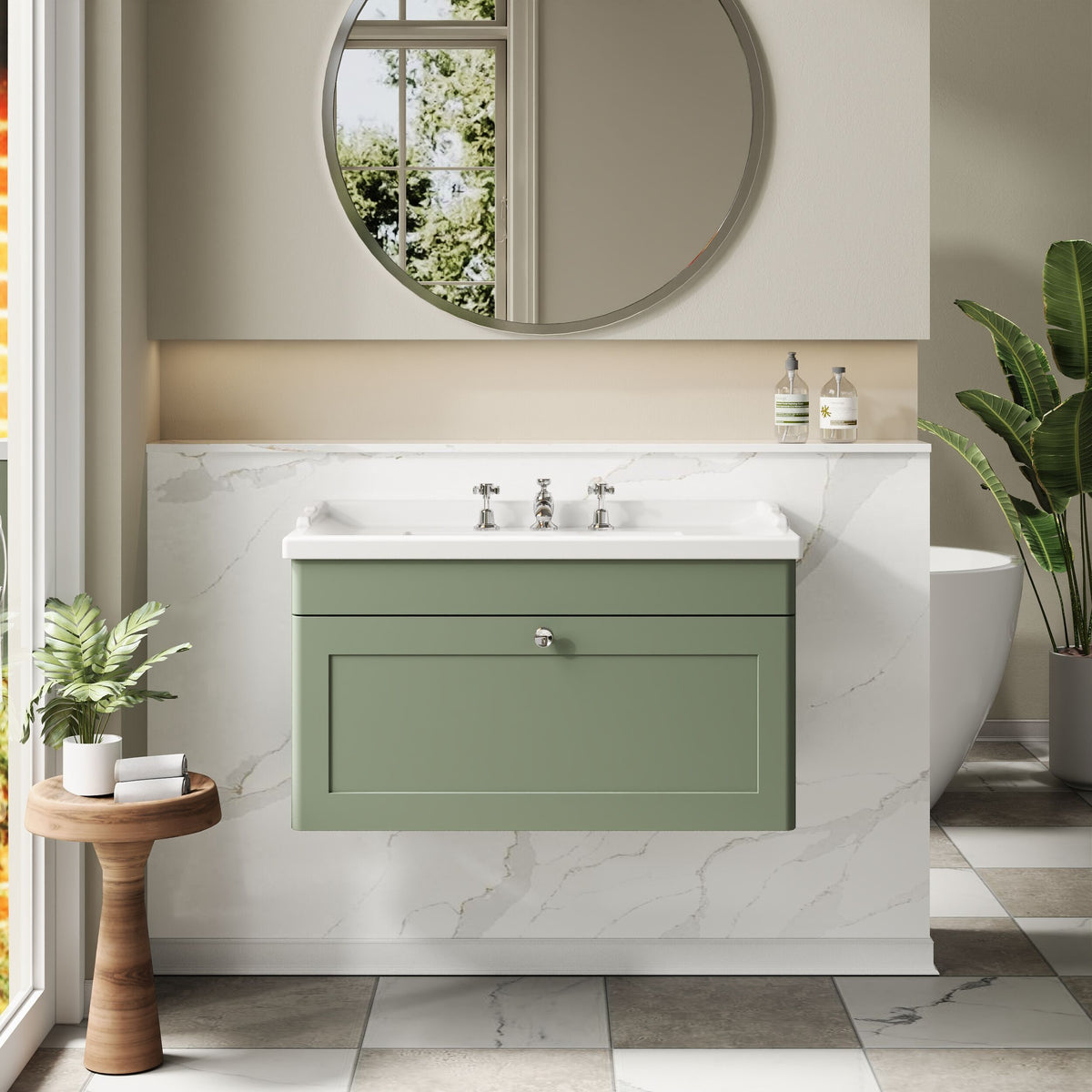 Modern Splash 800mm Satin Green 1 Drawer Wall Hung Vanity Unit With 3 Tap Hole Basin