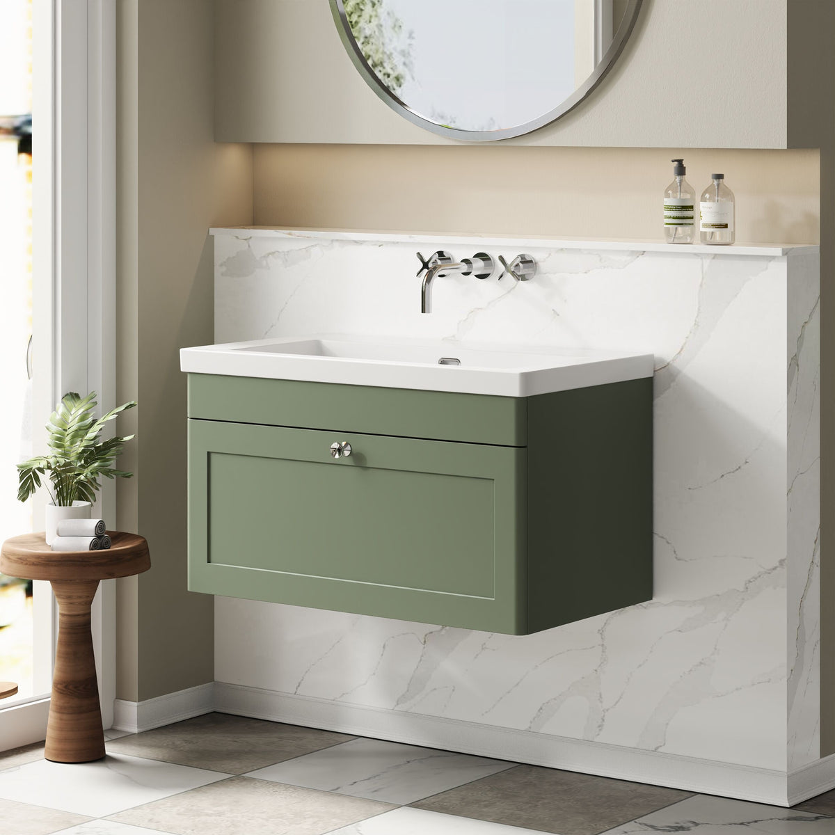 Modern Splash 800mm Satin Green 1 Drawer Wall Hung Vanity Unit With Fireclay Basin