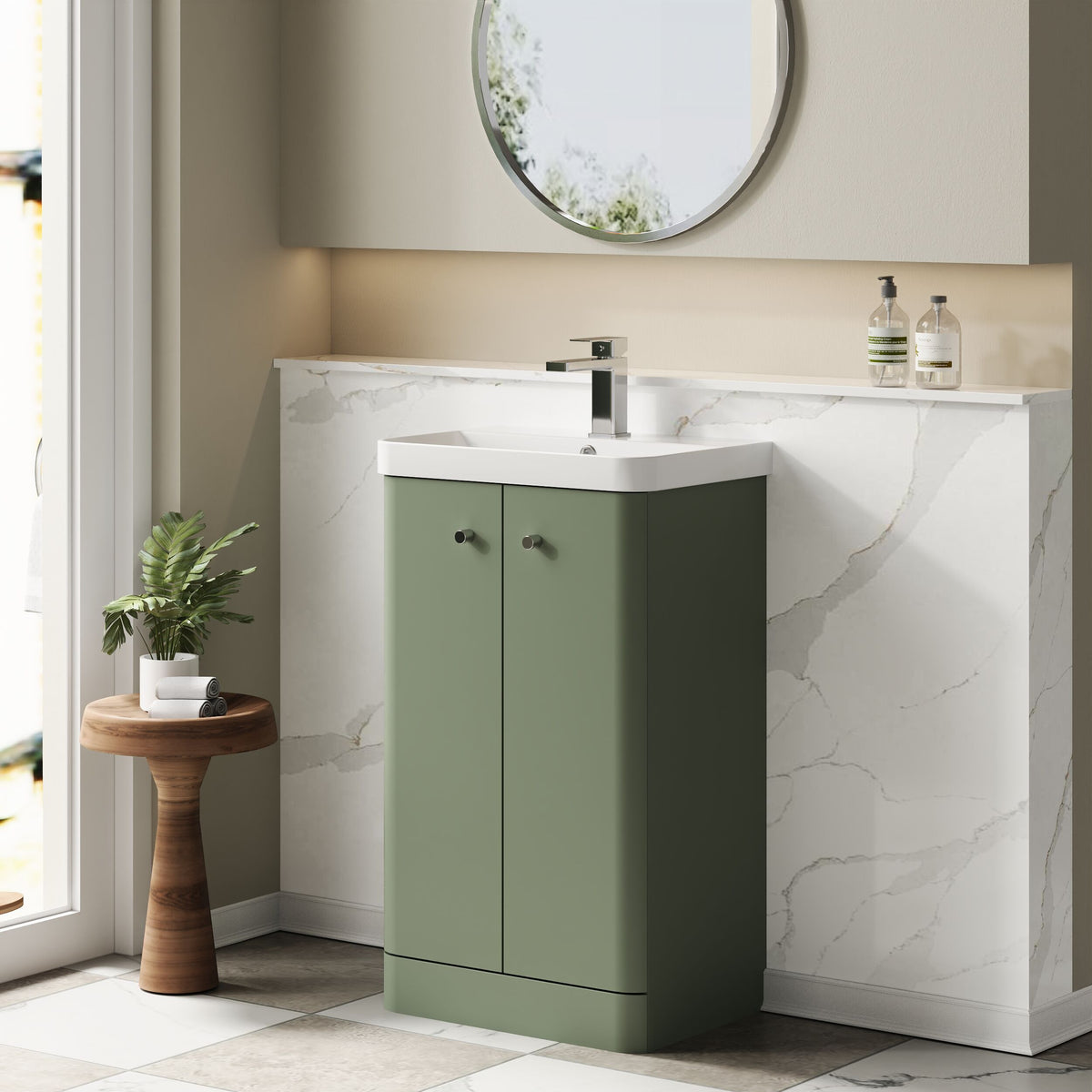 Modern Splash 500mm Satin Green 2 Door Floor Standing Vanity Unit With Basin