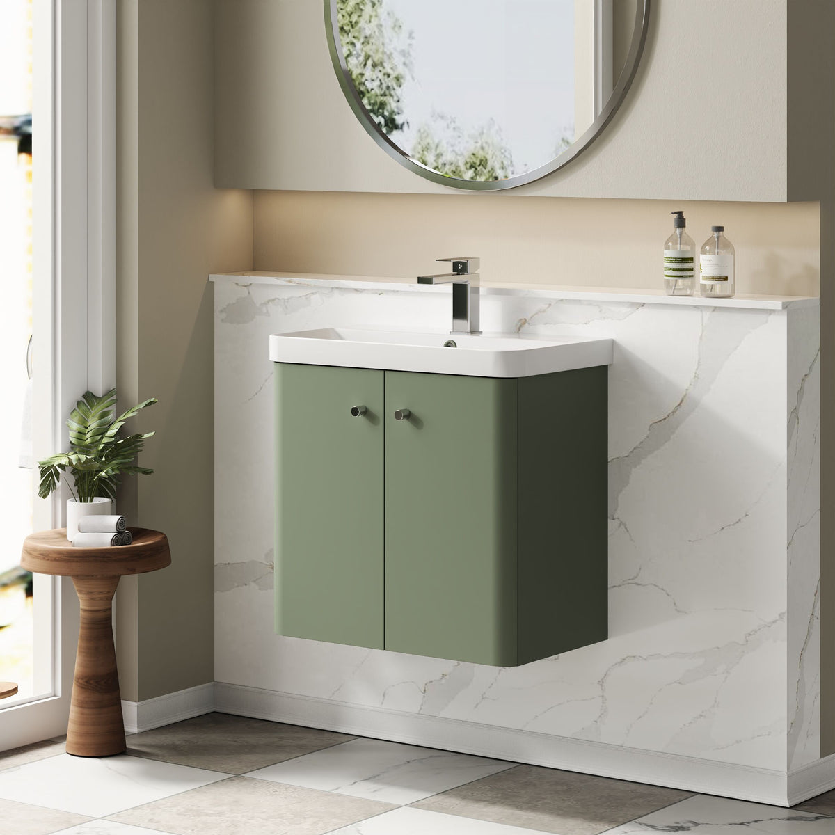 Modern Splash 600mm Satin Green 2 Door Wall Hung Vanity Unit With Basin