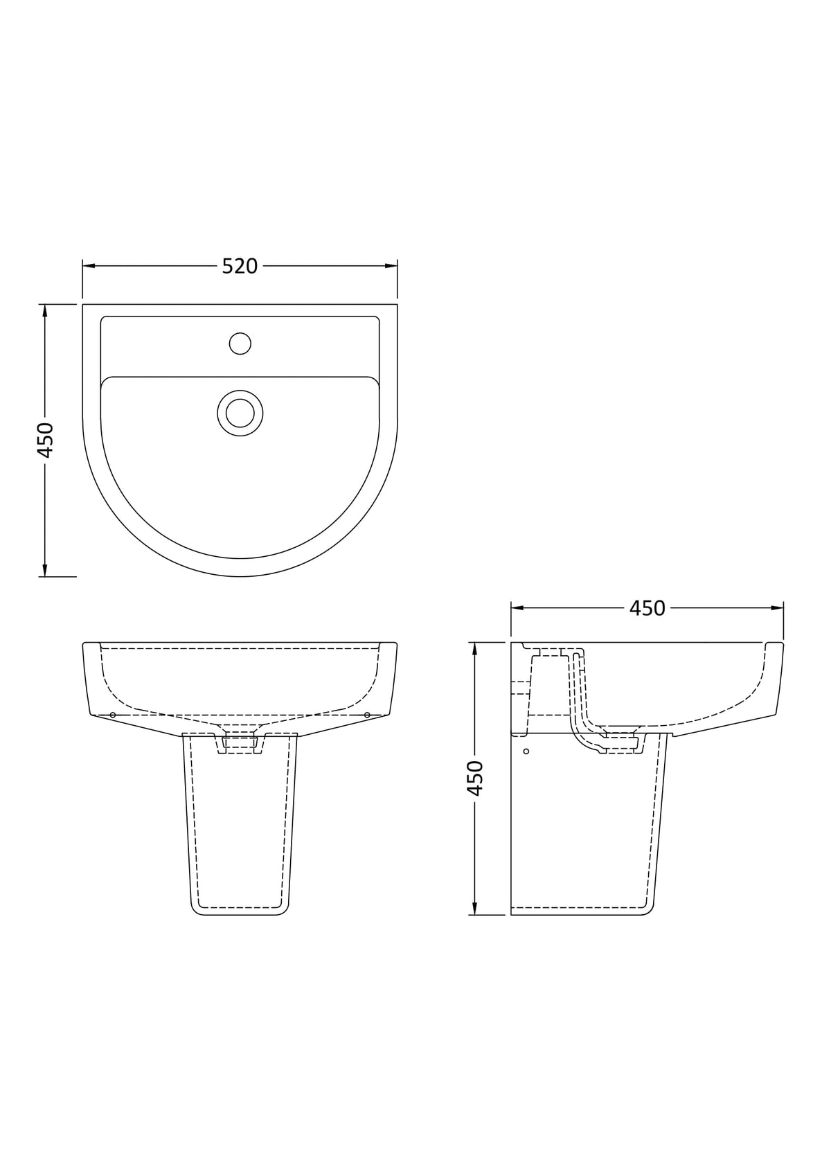 Modern Splash 1 Tap Hole 520mm Ceramic Basin & Semi Pedestal
