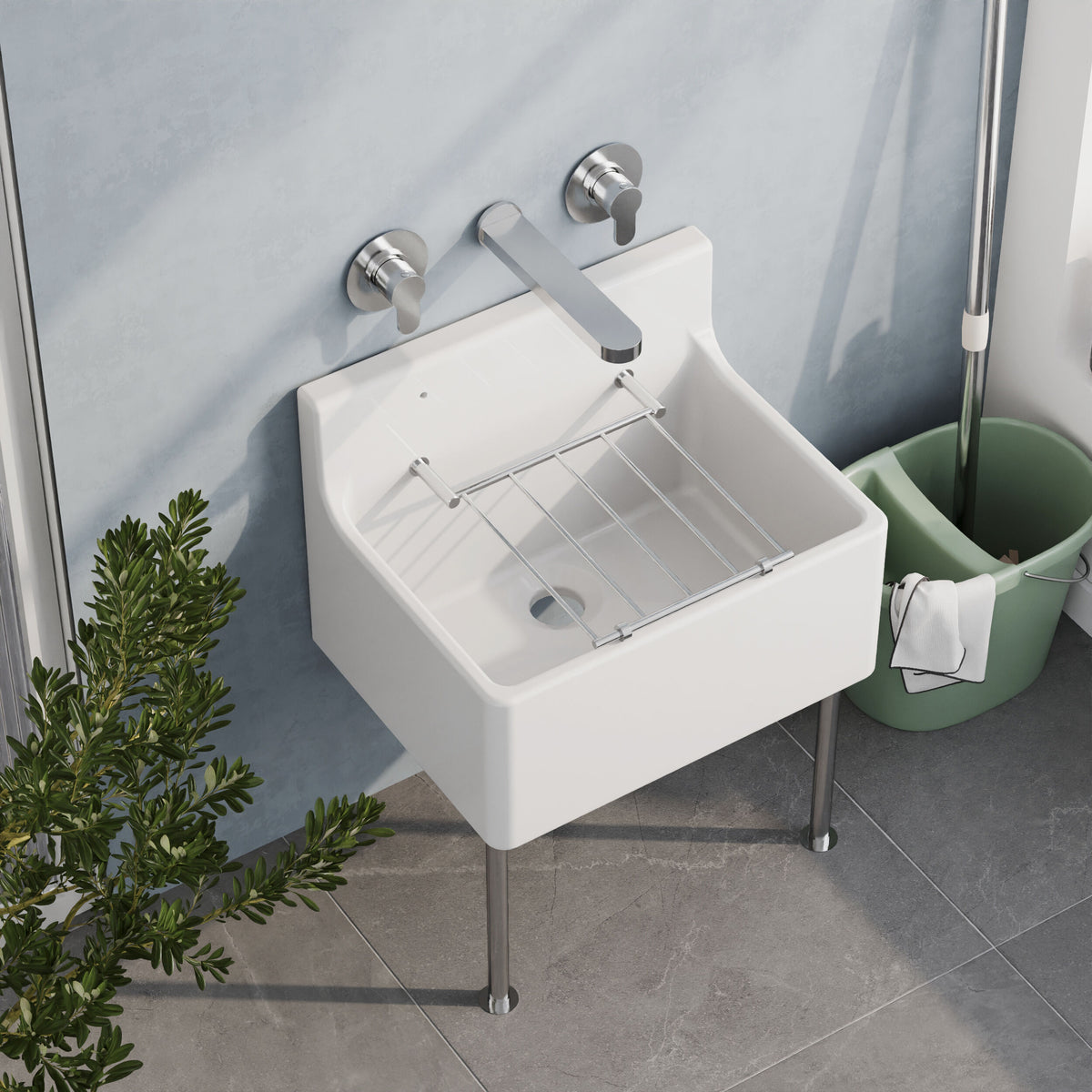 Modern Splash 515mm x 382mm x 393mm Fireclay White Single Bowl Traditional Cleaner Sink With Grid, Legs, Wall Bracket And Backsplash