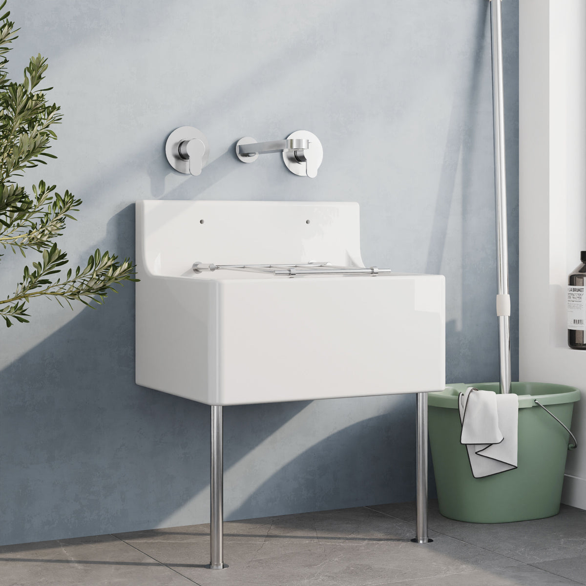 Modern Splash 515mm x 382mm x 393mm Fireclay White Single Bowl Traditional Cleaner Sink With Grid, Legs, Wall Bracket And Backsplash
