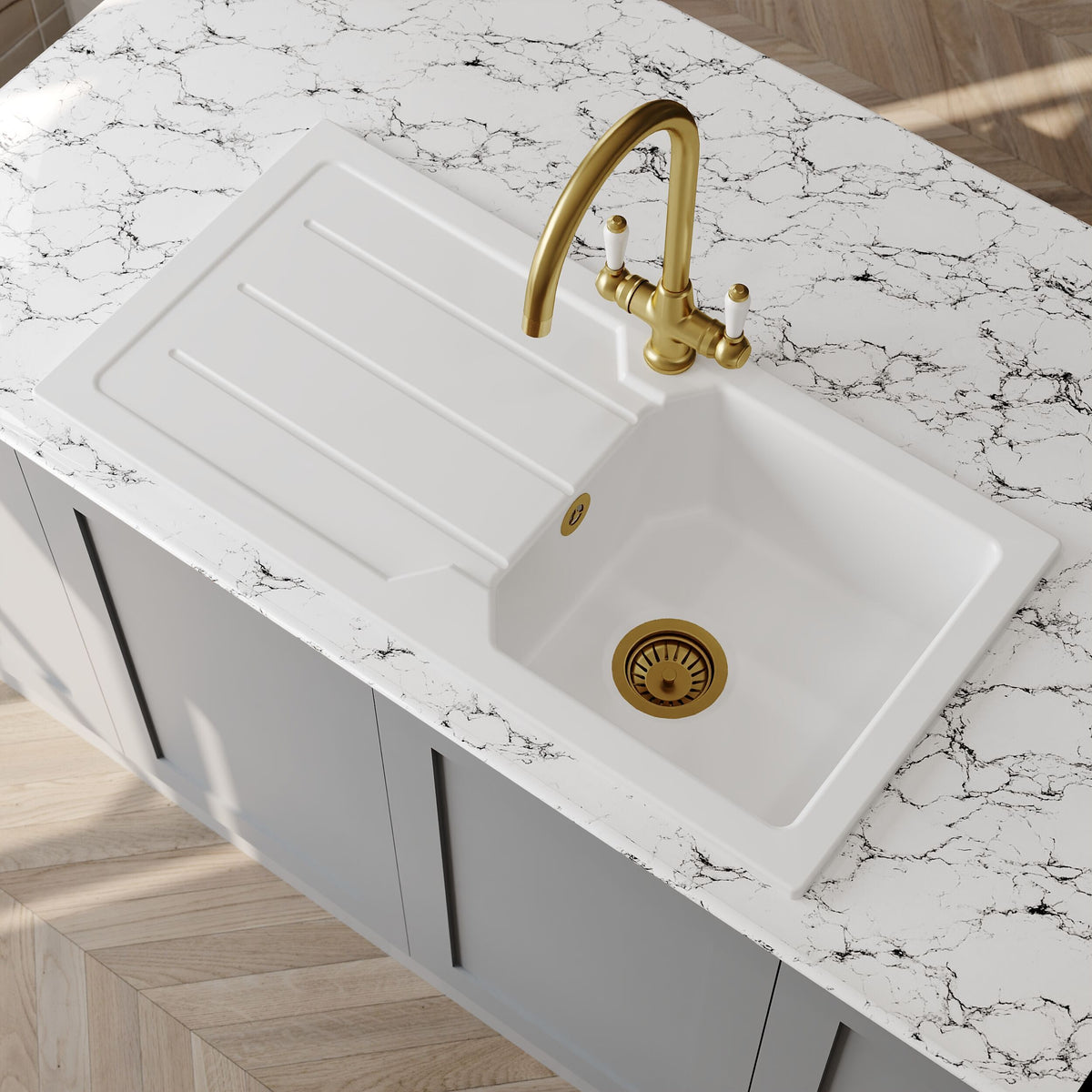 Modern Splash 865mm x 435mm Fireclay White Single Bowl Compact Countertop Drainer Sink