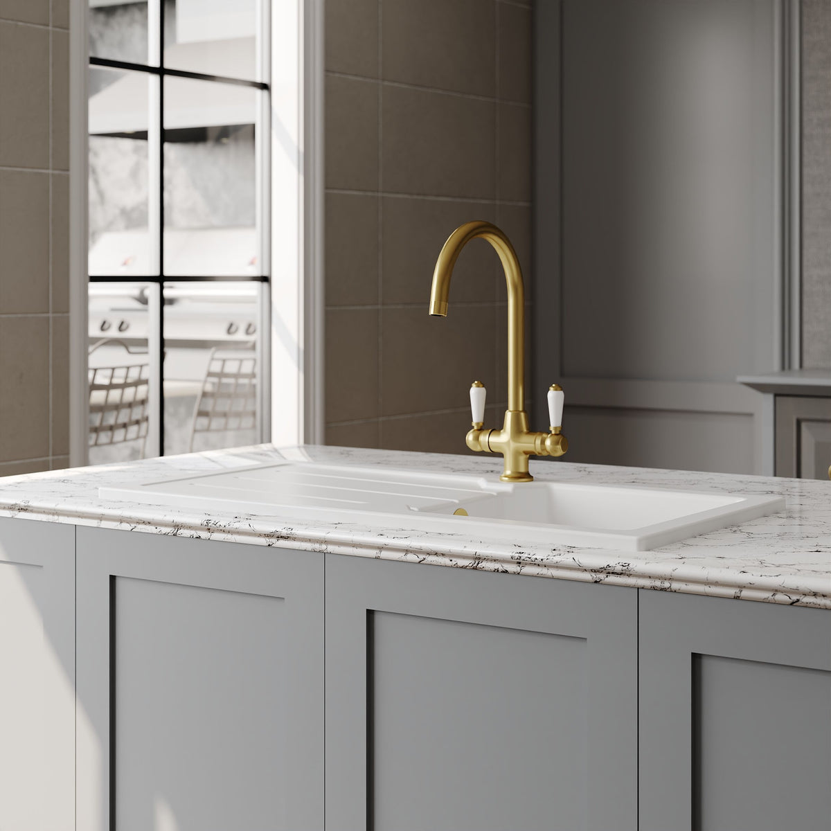 Modern Splash 865mm x 435mm Fireclay White Single Bowl Compact Countertop Drainer Sink