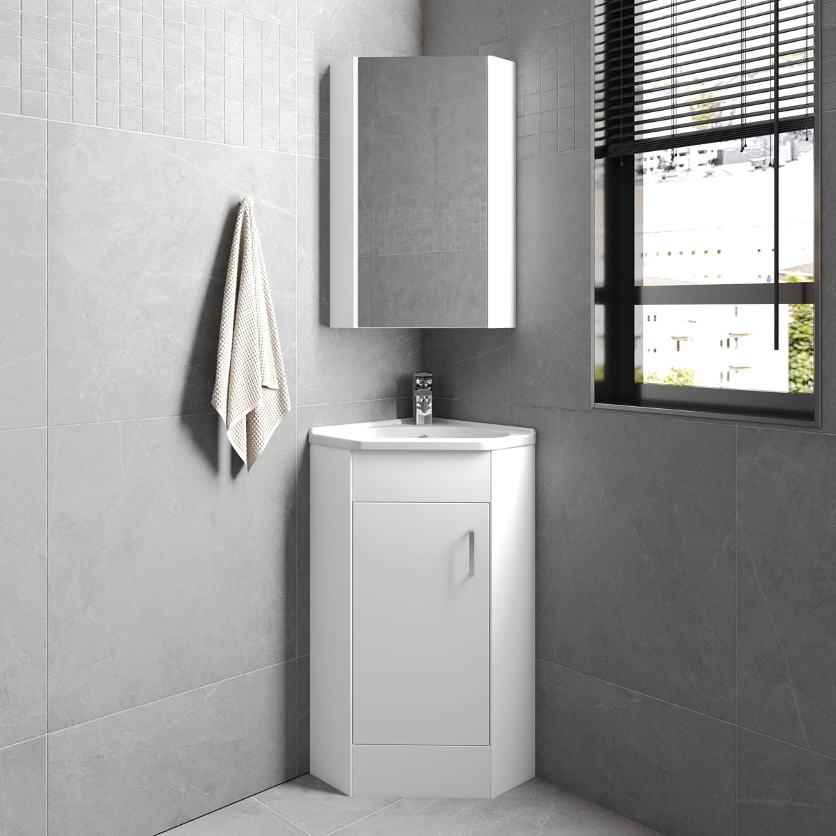 Modern Splash Gloss White Single Door Floor Standing Corner Vanity Unit With Ceramic Basin
