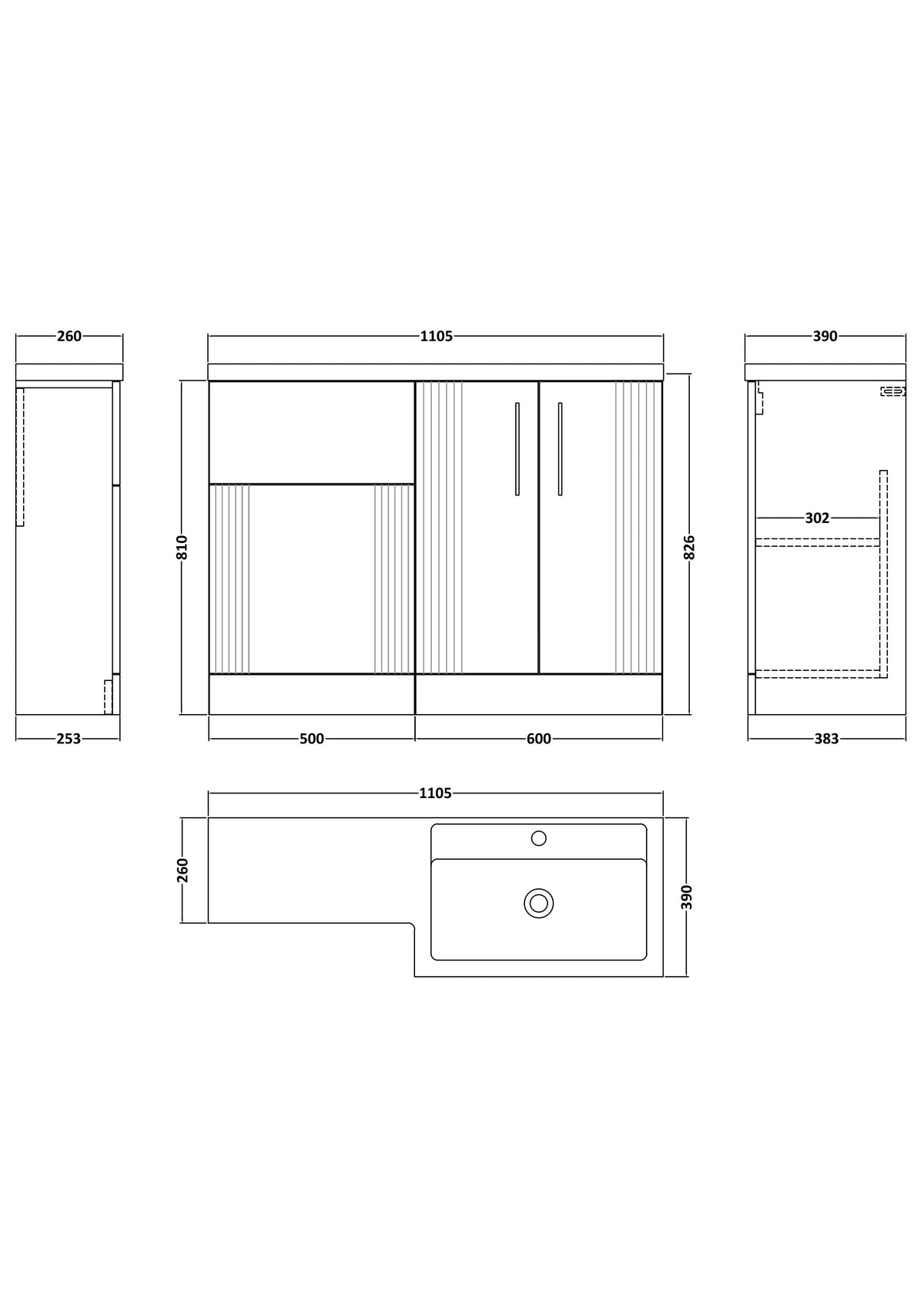 Modern Splash Satin White 1100mm x 390mm Right Hand Combination Unit With Polymarble Basin