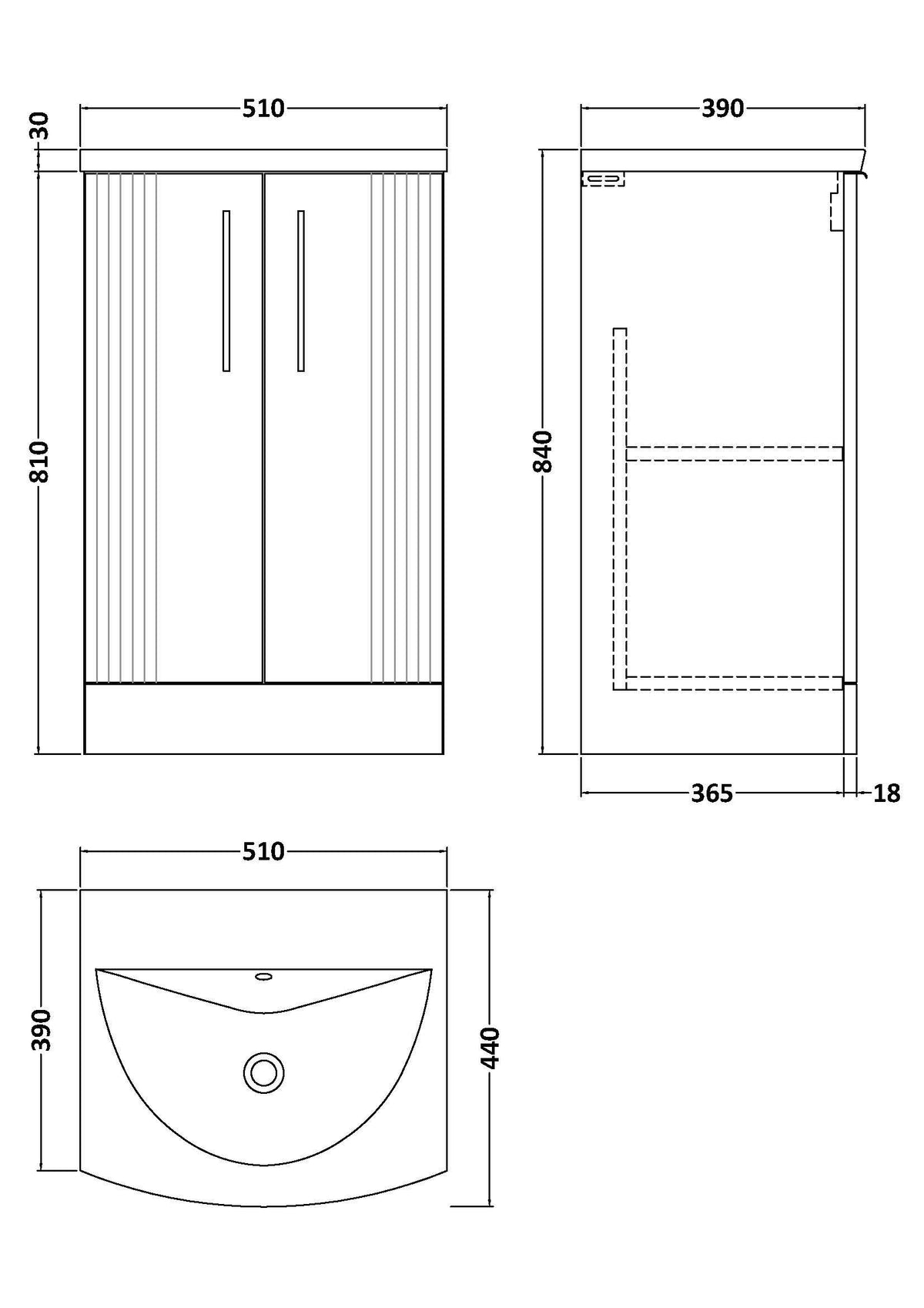 Modern Splash 500mm Satin White 2 Door Floor Standing Vanity Unit With Curved Basin