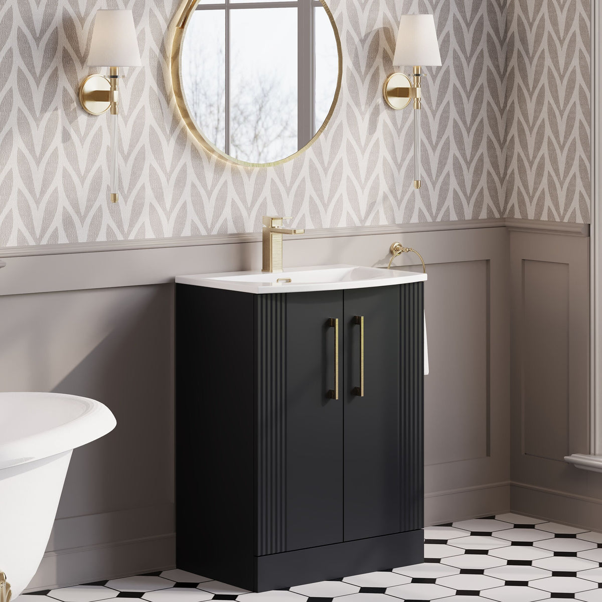 Modern Splash 600mm Soft Black 2 Door Floor Standing Vanity Unit With Curved Basin
