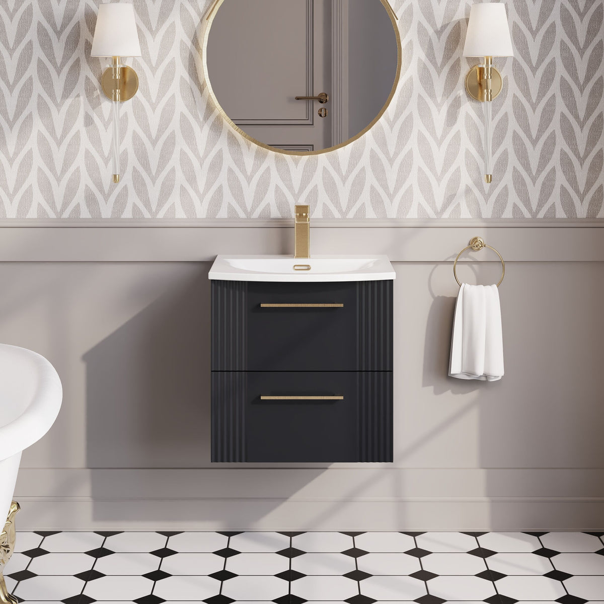 Modern Splash 500mm Soft Black 2 Drawer Wall Hung Vanity Unit With Curved Basin