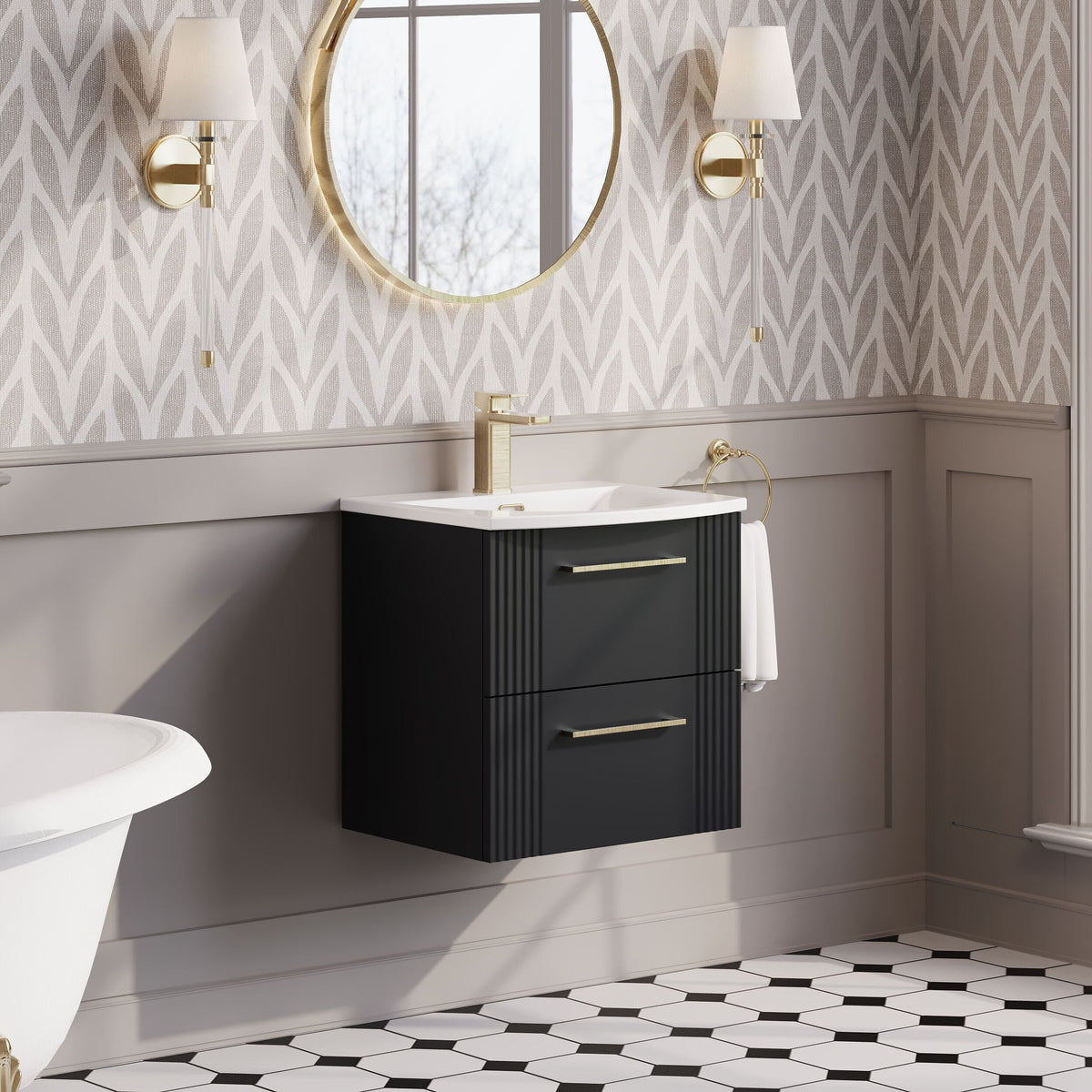 Modern Splash 500mm Soft Black 2 Drawer Wall Hung Vanity Unit With Curved Basin