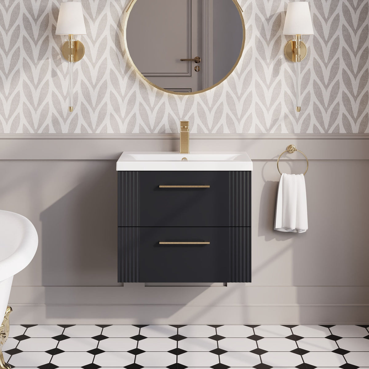 Modern Splash 600mm Soft Black 2 Drawer Wall Hung Vanity Unit With Mid-Edge Basin
