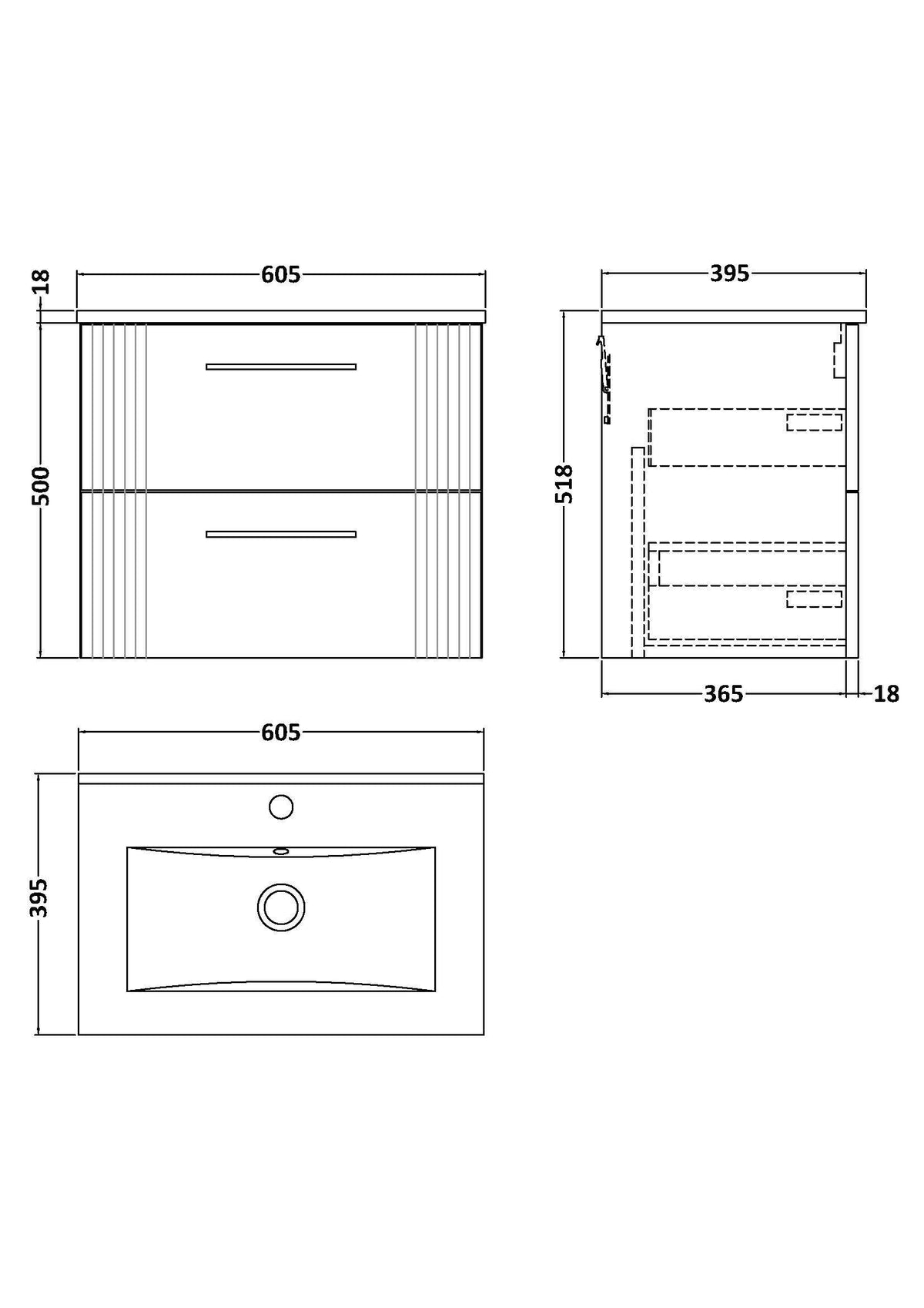Modern Splash 600mm Soft Black 2 Drawer Wall Hung Vanity Unit With Minimalist Basin