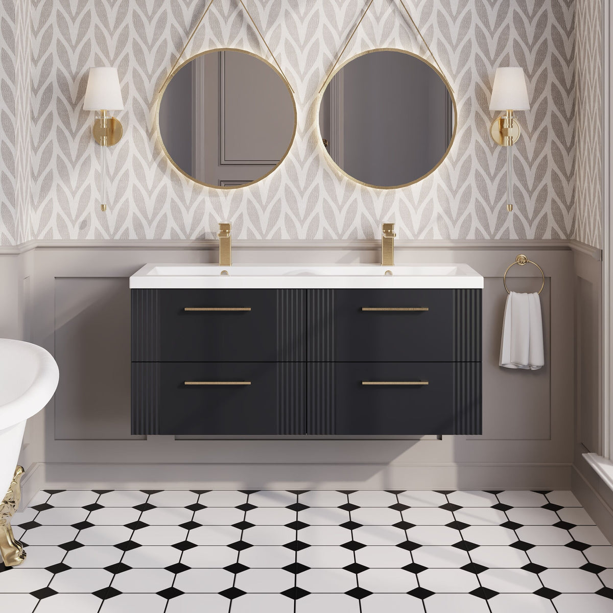 Modern Splash 1200mm Soft Black 4 Drawer Wall Hung Vanity Unit With 2 Tap Hole Ceramic Basin