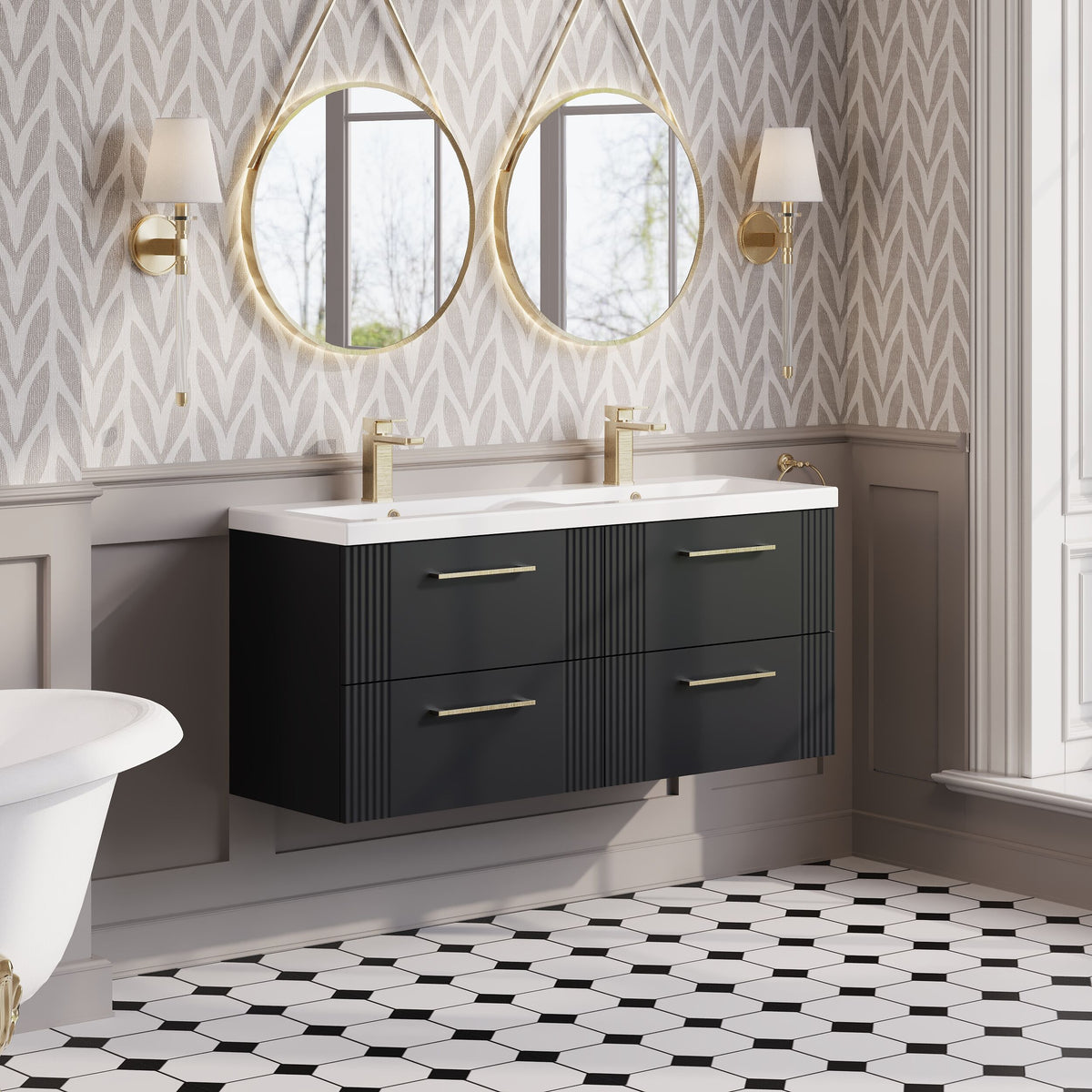 Modern Splash 1200mm Soft Black 4 Drawer Wall Hung Vanity Unit With 2 Tap Hole Ceramic Basin