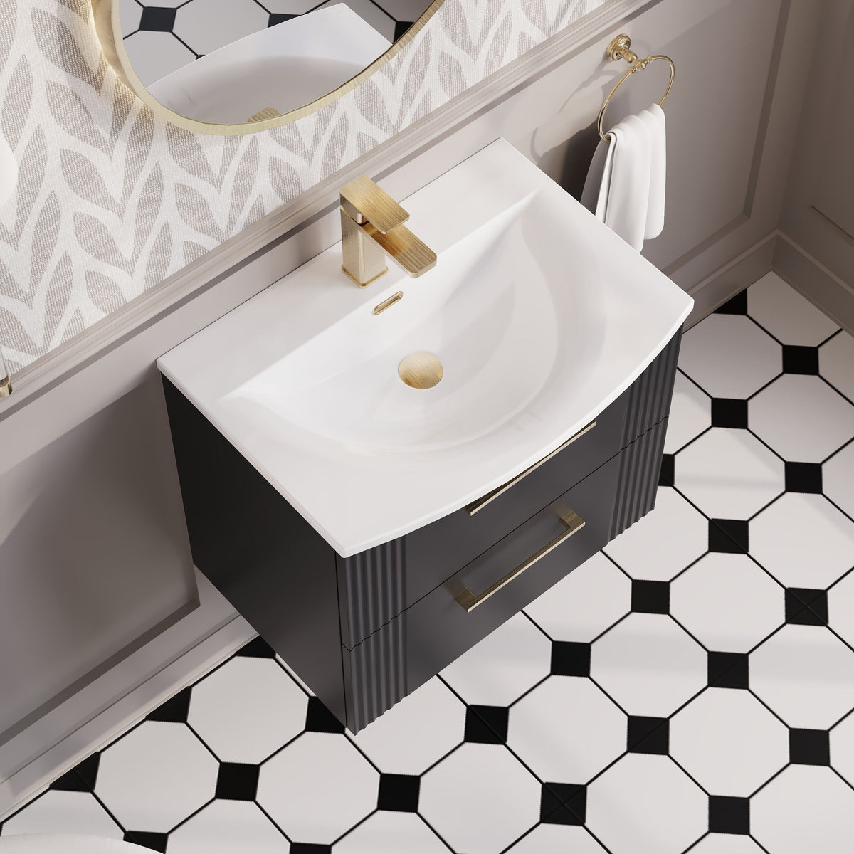 Modern Splash 600mm Soft Black 2 Drawer Wall Hung Vanity Unit With Curved Basin