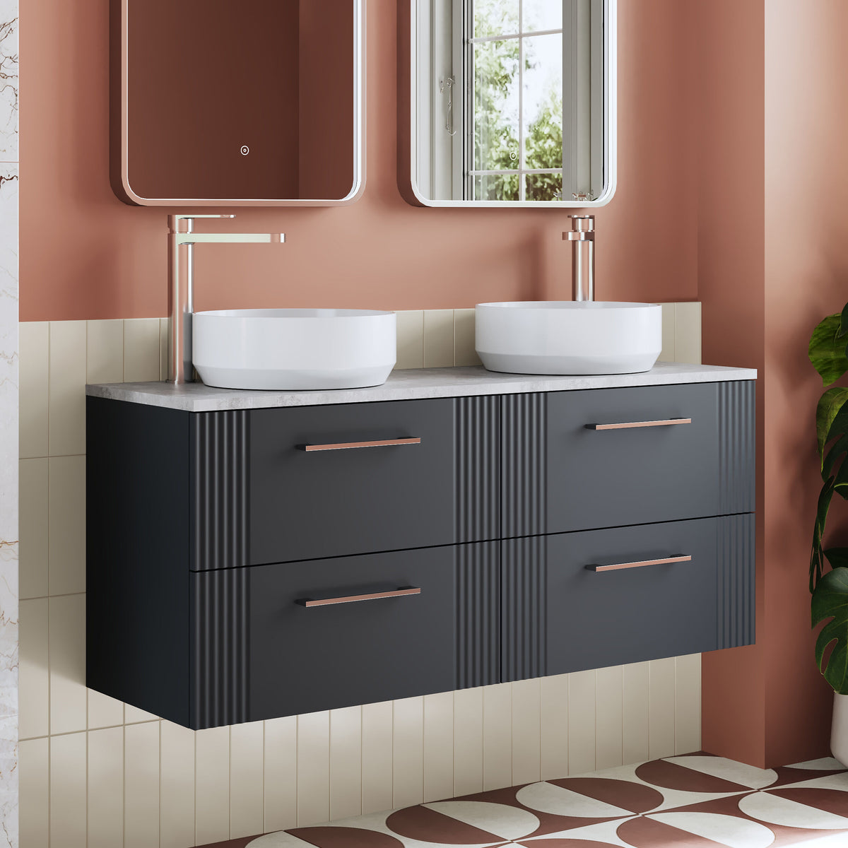 Modern Splash 1200mm Soft Black 4 Drawer Wall Hung Vanity Unit With Bellato Grey Worktop