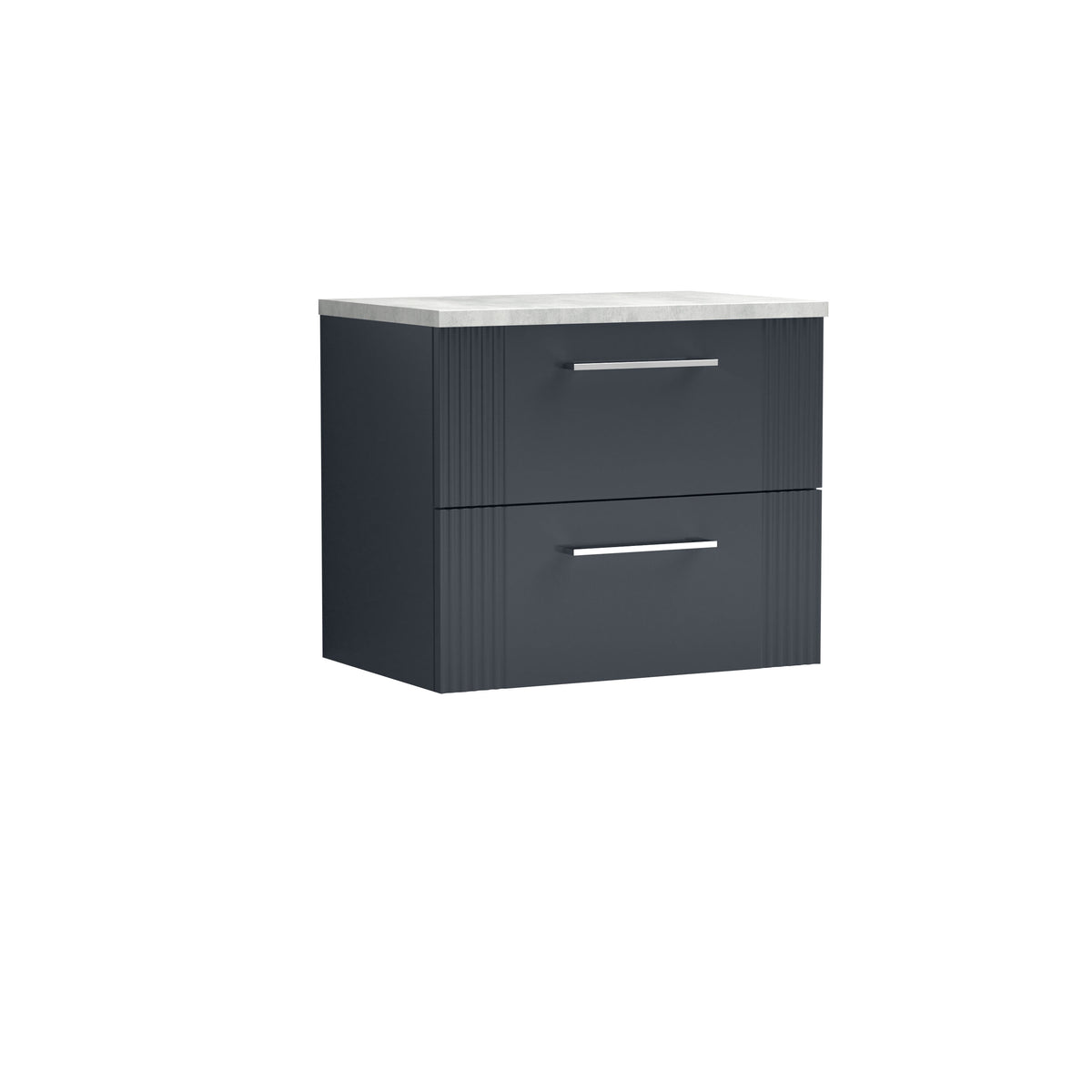 Modern Splash 600mm Soft Black Part Fluted 2 Drawer Wall Hung Vanity With Bellato Grey Worktop