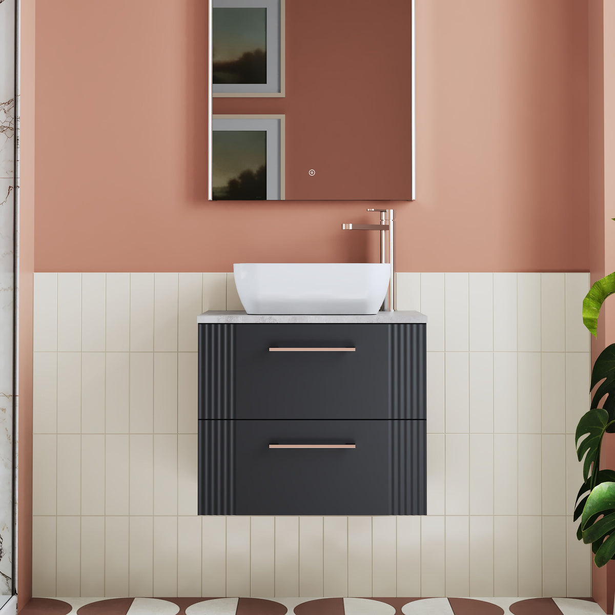 Modern Splash 600mm Soft Black Part Fluted 2 Drawer Wall Hung Vanity With Bellato Grey Worktop