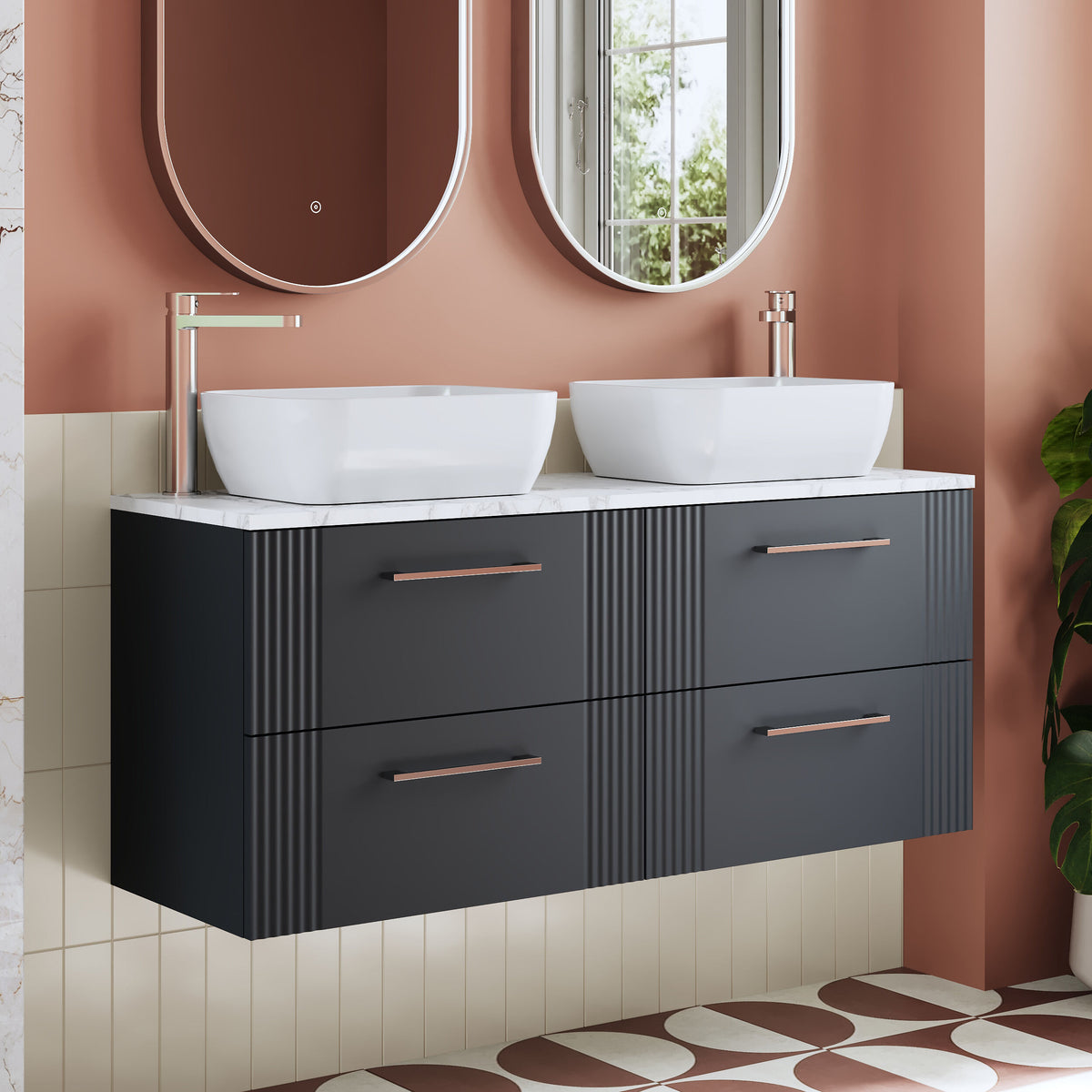 Modern Splash 1215mm Soft Black 4 Drawer Wall Hung Vanity With Carrara Laminate Worktop