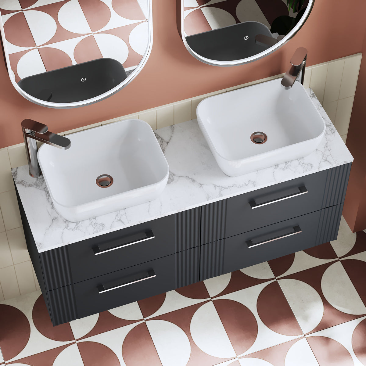 Modern Splash 1215mm Soft Black 4 Drawer Wall Hung Vanity With Carrara Laminate Worktop