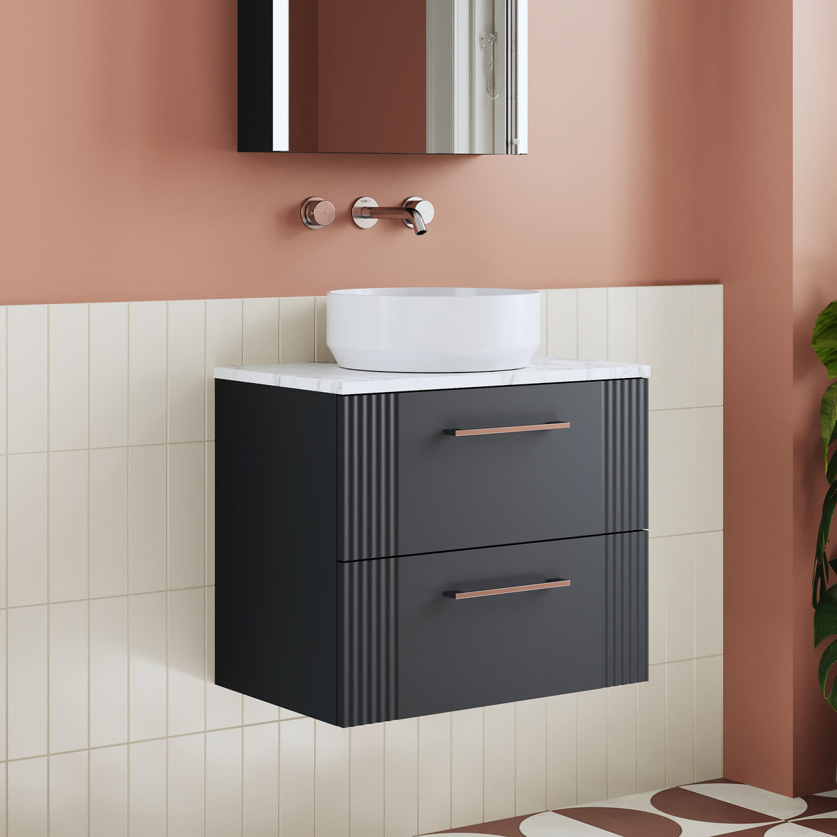 Modern Splash 600mm Soft Black Part Fluted 2 Drawer Wall Hung Vanity Unit With Carrara Laminate Worktop