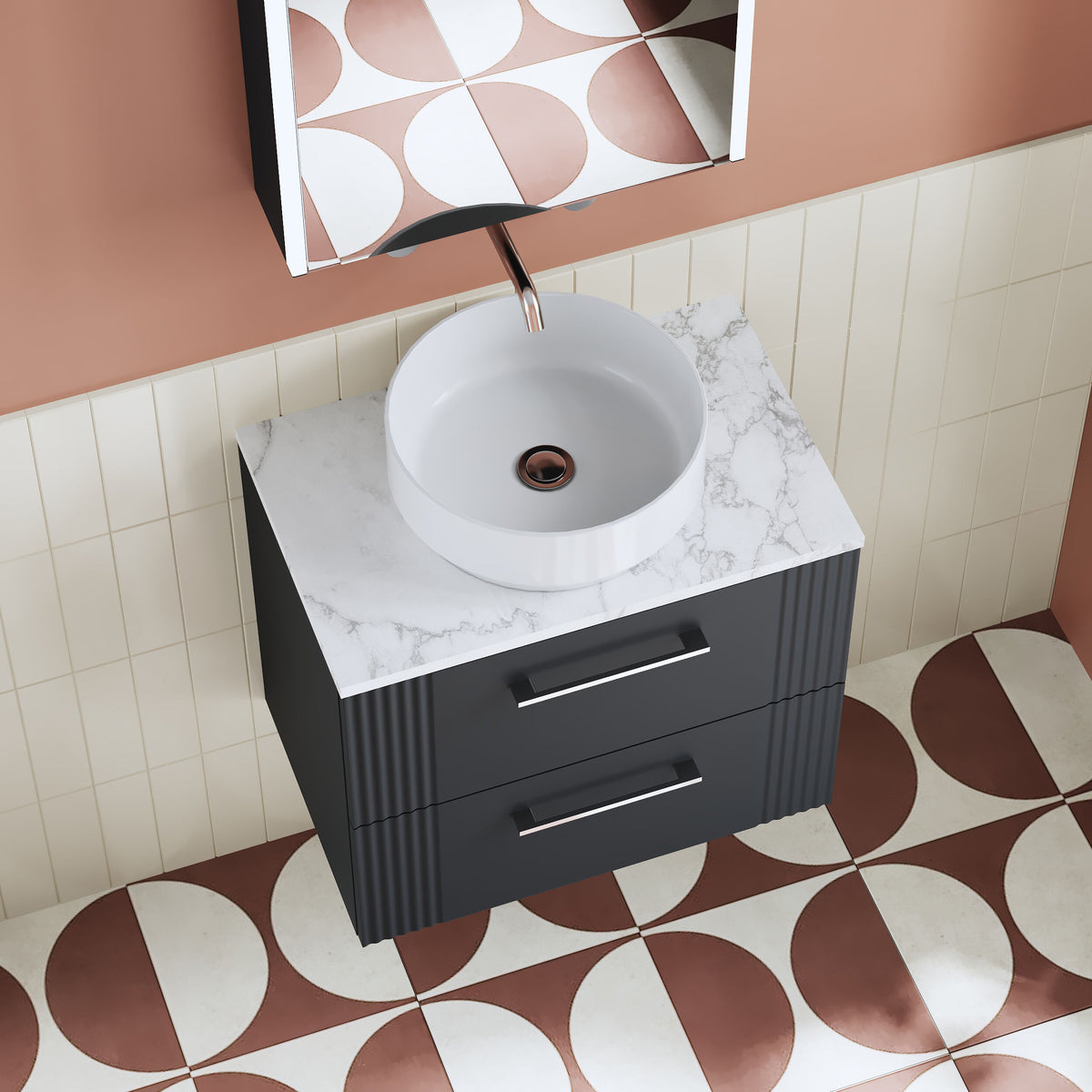 Modern Splash 600mm Soft Black Part Fluted 2 Drawer Wall Hung Vanity Unit With Carrara Laminate Worktop